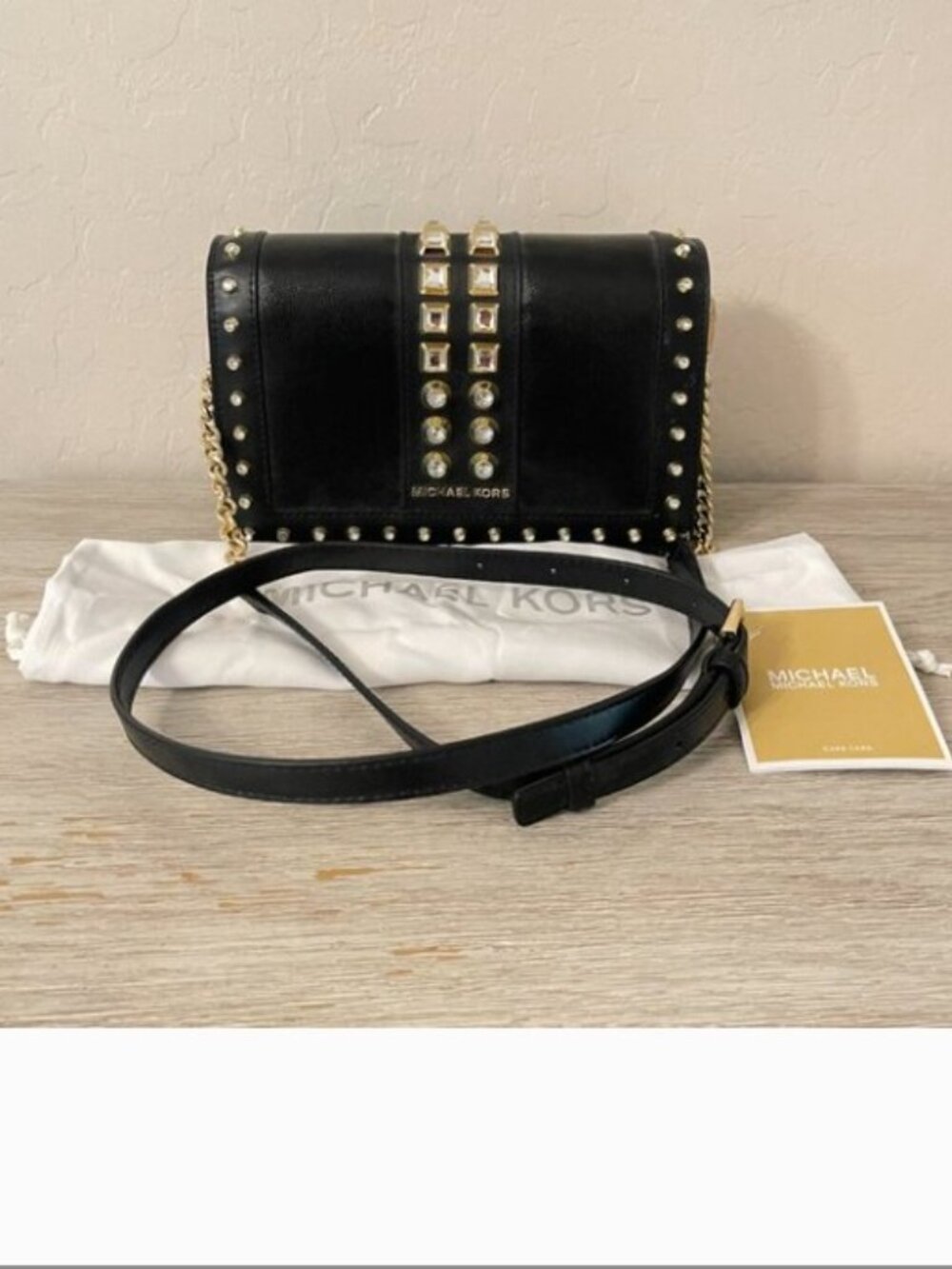 New Michael Kors Crossbody Bag Black Gold Rhinestone Crystal Studs Chain Flap MK